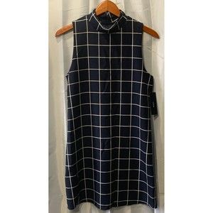Lulus Women's Size M Navy Blue Grid Print Mock Neck Sleeveless Mini Dress NWT